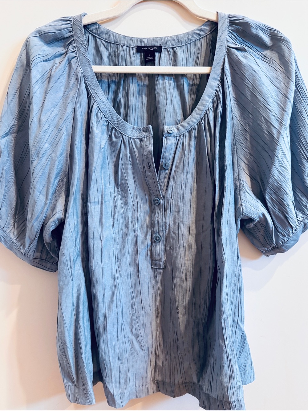 Ann Taylor Sky Blue Pintuck Puff-Sleeve Blouse